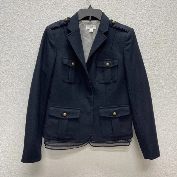 Ann Taylor Loft Size 10 Navy Blue Mesh Trim Jacket Blazer Wool Blend - Picture 1 of 7